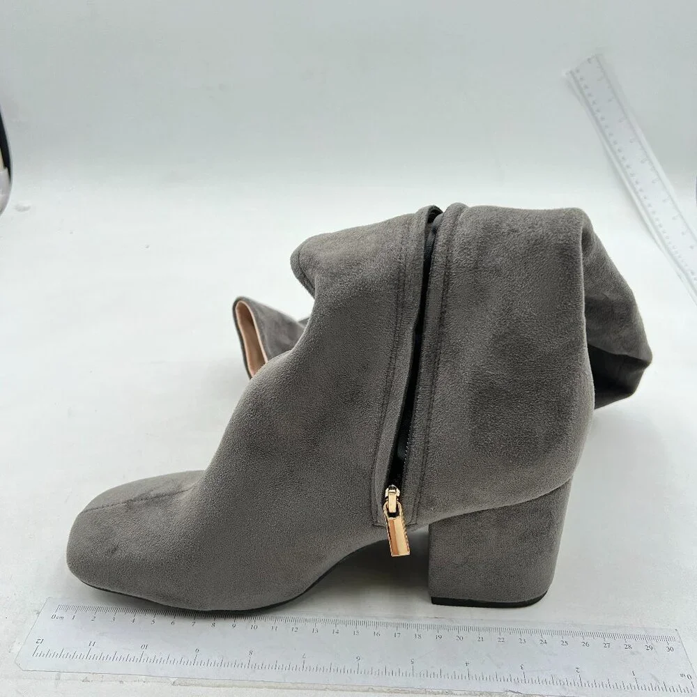 Grey Women Over The Knee High Boots Square Toe Low Chunky Heels Side Zipper Shoe